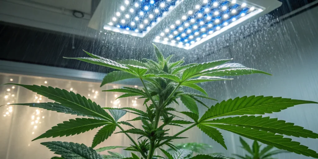 Tezla OG cannabis plant being watered under LED lights indoors
