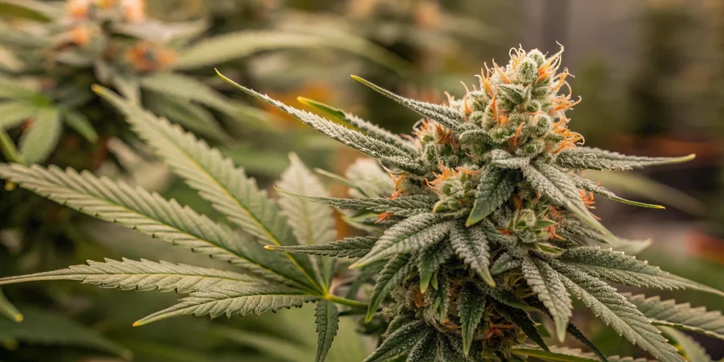 Wide view of flowering cannabis plants in an indoor cultivation facility.