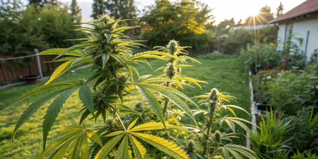 Yellow cannabis leaves in late flowering outdoors