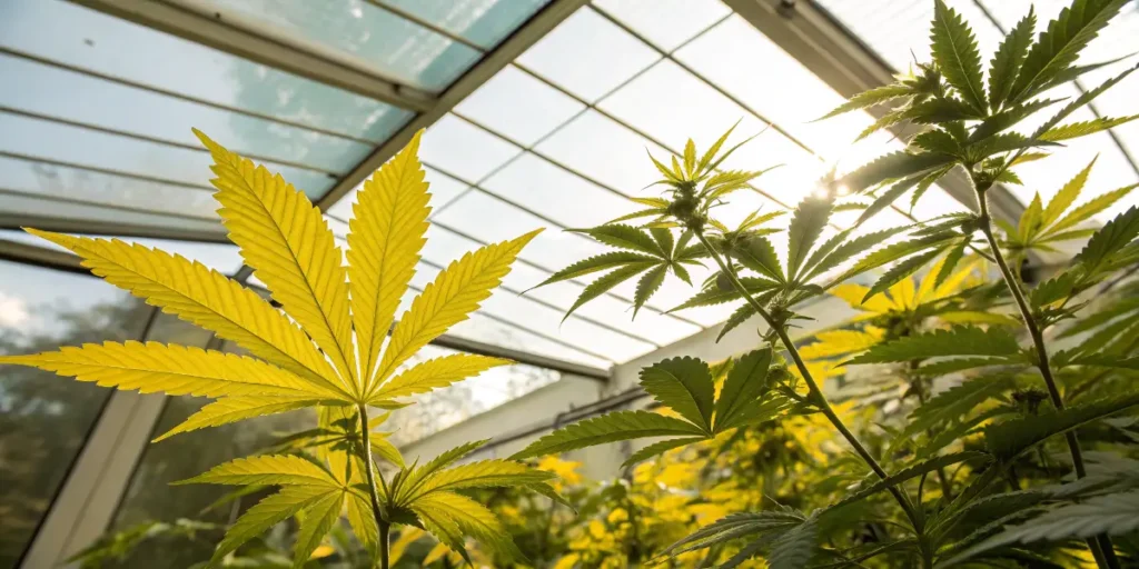 Cannabis plants with yellow leaves caused by light stress in greenhouse