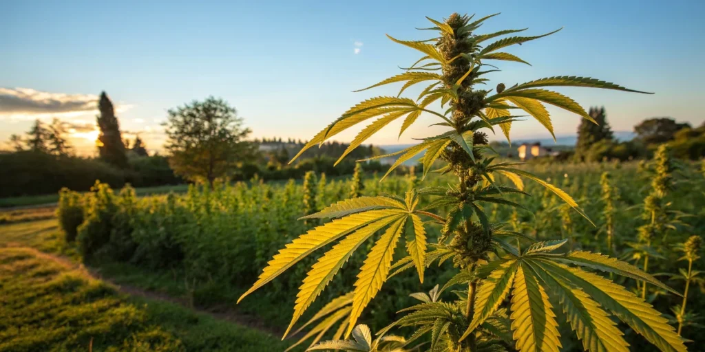 Cannabis plant with yellowing leaves growing outdoors
