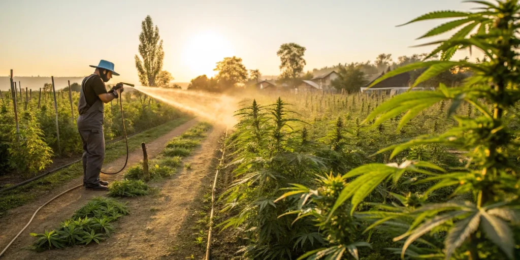 Grower watering outdoor cannabis plants to maintain nutrient balance and prevent yellow leaves.