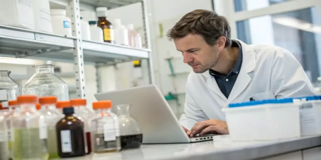 scientist analyzing cannabis nutrient data laptop