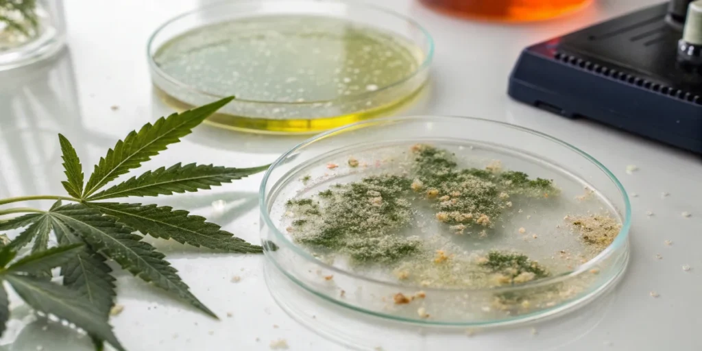 Cannabis bud next to microscope for cannabinoid stability research