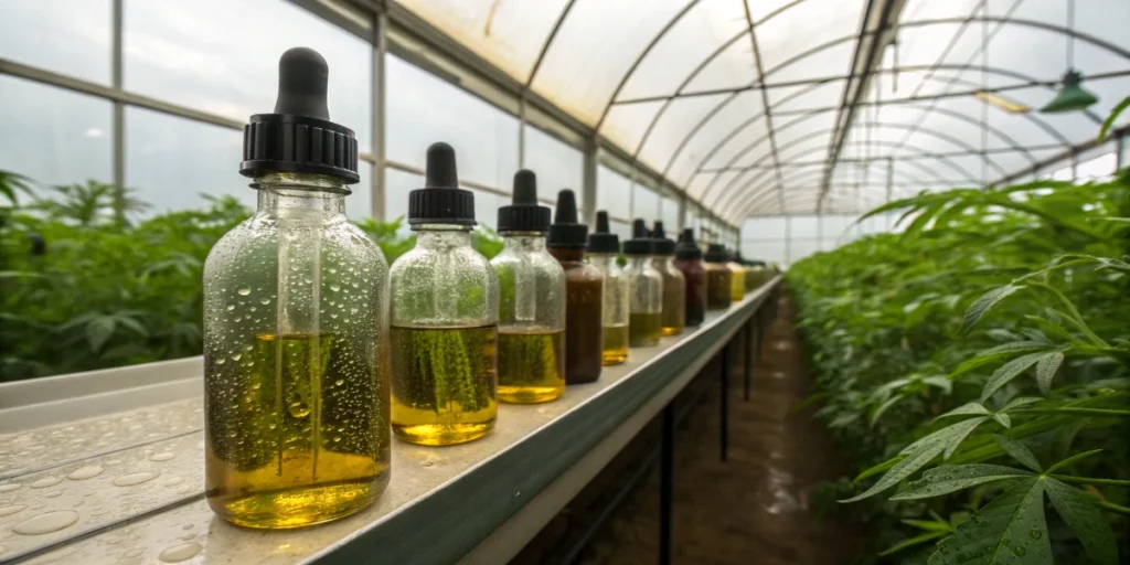 Cannabis oil bottles exposed to light in greenhouse environment