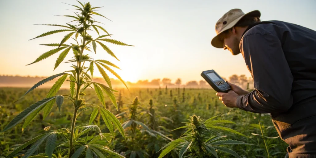 Cannabis grower checking plant health using Brix measurement device.