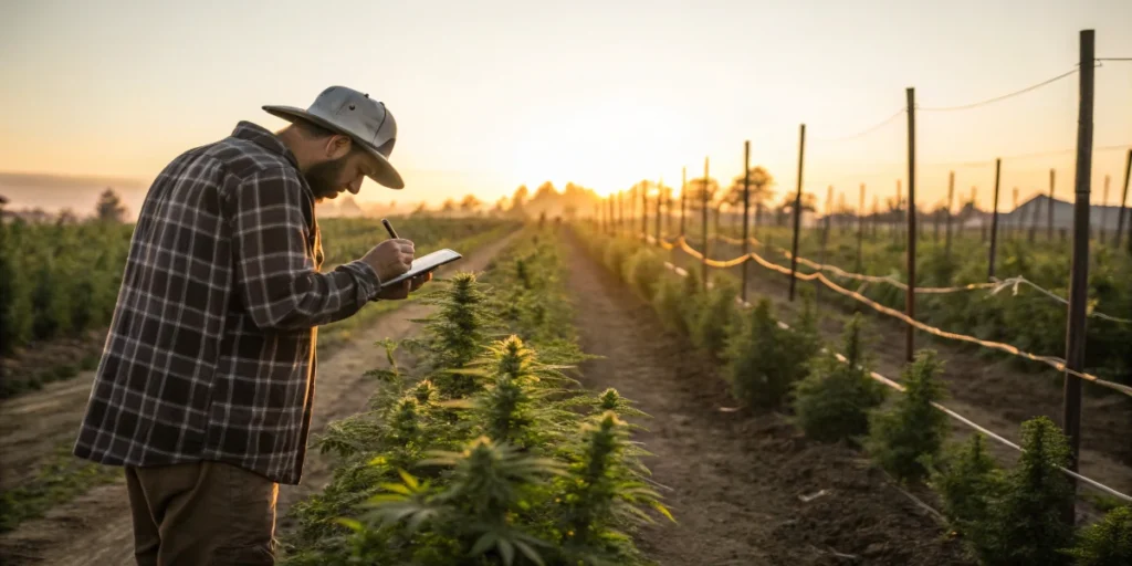 cannabis grower recording brix readings field plant health monitoring