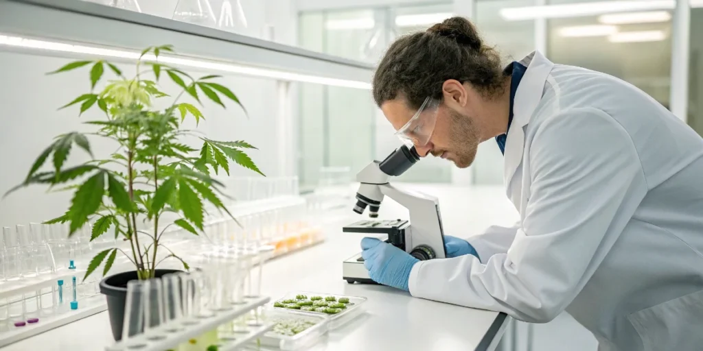 Scientist analyzing cannabis plant samples for Brix sugar levels.