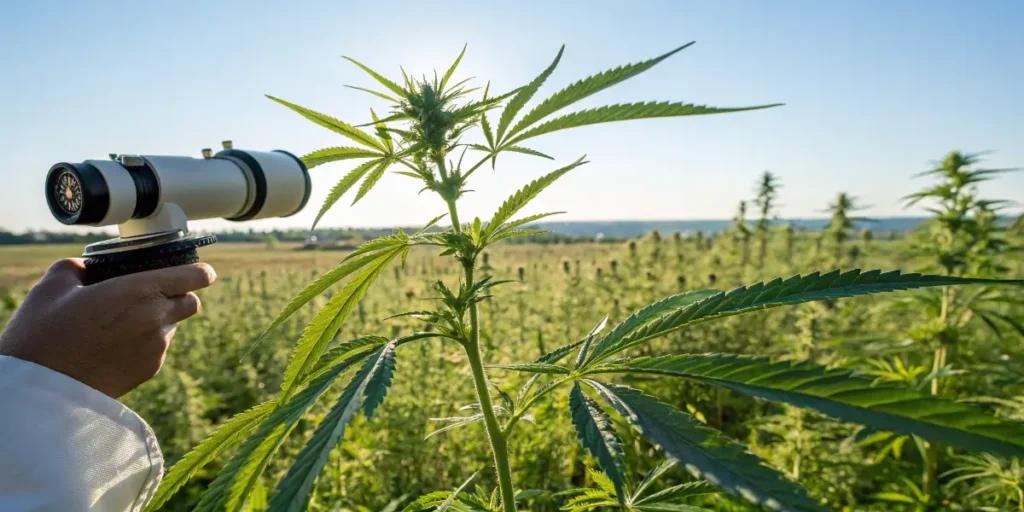 Indoor cannabis grower measuring Brix levels with a refractometer.