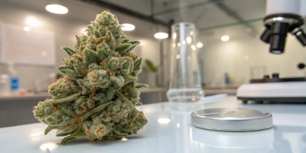 Cannabis bud analyzed in laboratory for sugar content and plant quality.