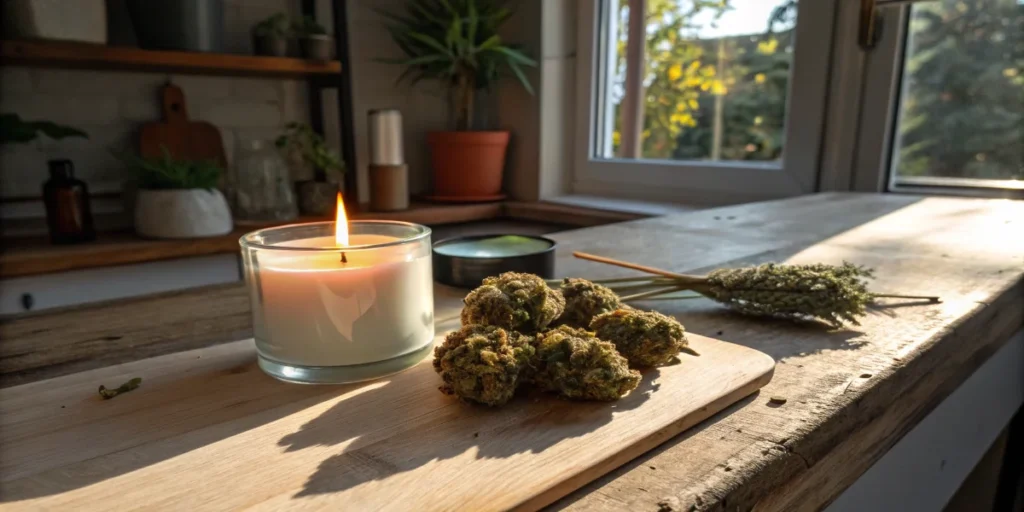 Cannabis buds exposed to sunlight and candle heat indoors