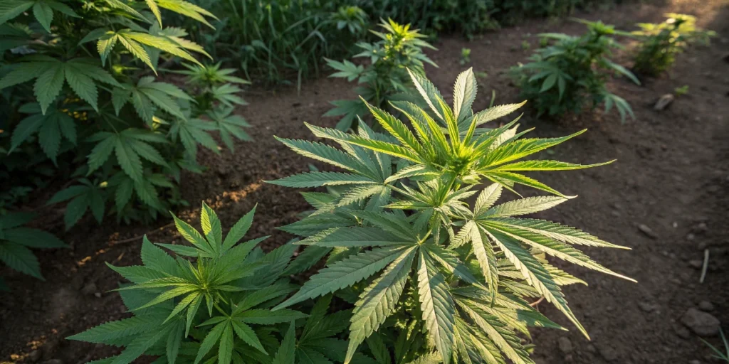 Cannabis plant with widespread yellow leaves caused by chlorosis under indoor grow lights.