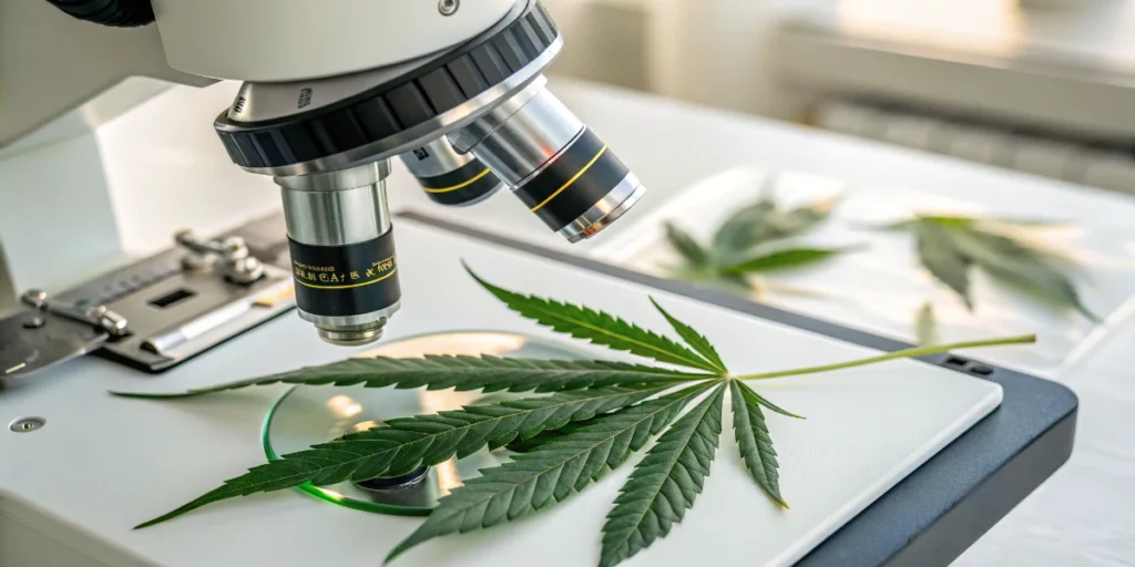 Cannabis leaf under laboratory microscope representing DNA sequencing and genomic analysis
