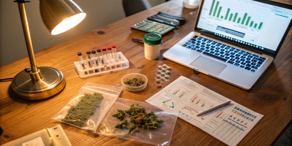 Lab technician reviewing cannabis DNA sequence data on monitor