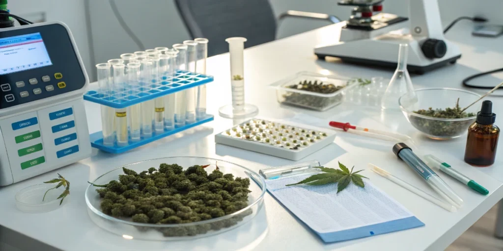 Cannabis samples and lab equipment used for DNA testing and analysis