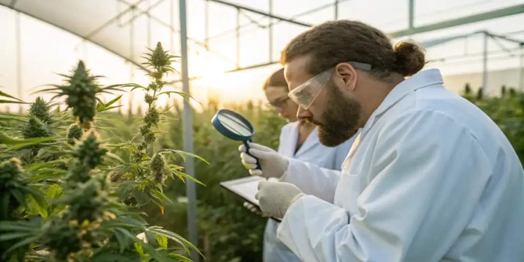 cannabis leaf in petri dish with microscope and laptop for DNA testing