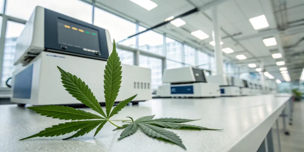 cannabis leaf placed on lab table with DNA testing machines in background