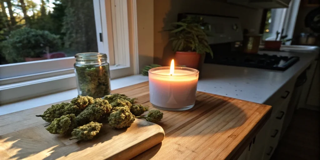 Cannabis extract bottles exposed to air and humidity in greenhouse