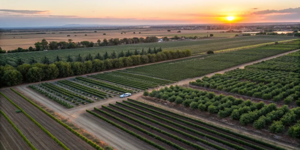 aerial view of large cannabis farm fields at sunset