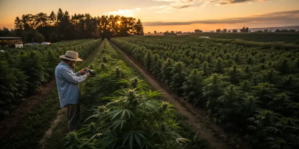 Outdoor cannabis plants in rows affected by climate conditions and brix levels