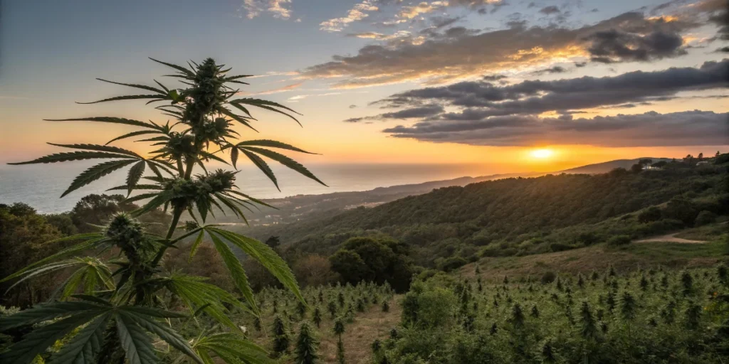 Cannabis plants growing in natural outdoor environment at sunset