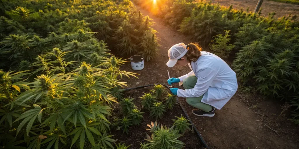 Grower inspecting cannabis plants during cultivation process.