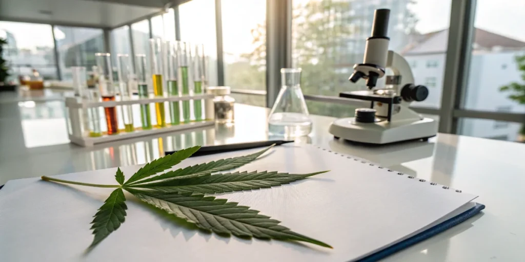 Cannabis leaf on lab table with microscope and test tubes