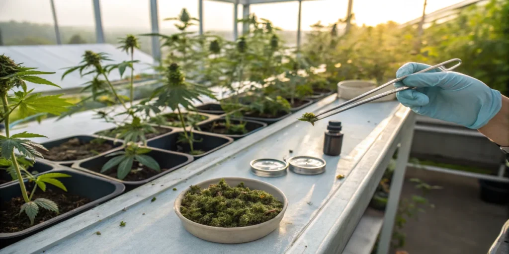 Lab technician analyzing cannabis leaf with magnifying glass and chemical diagram in background