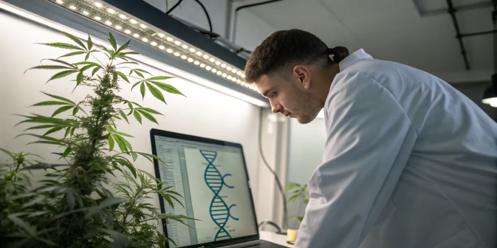 Researcher analyzing cannabis DNA on computer in controlled grow environment