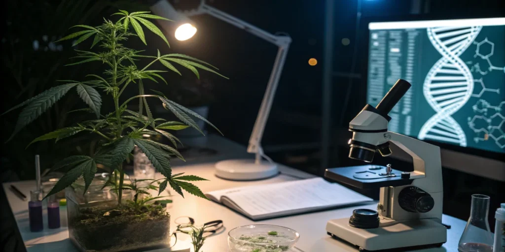 cannabis leaf in laboratory with advanced DNA sequencing machines