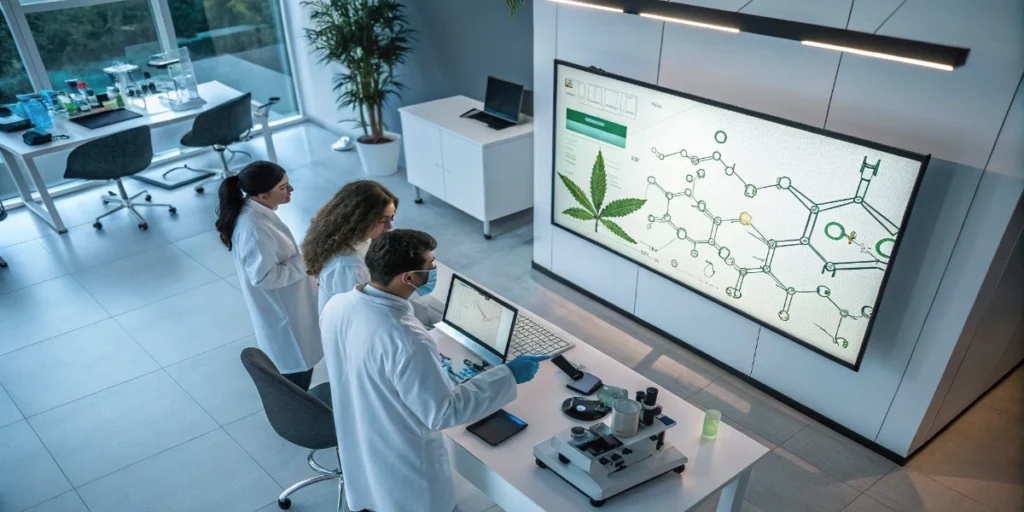 scientists analyzing cannabis genetics data in laboratory using large screen