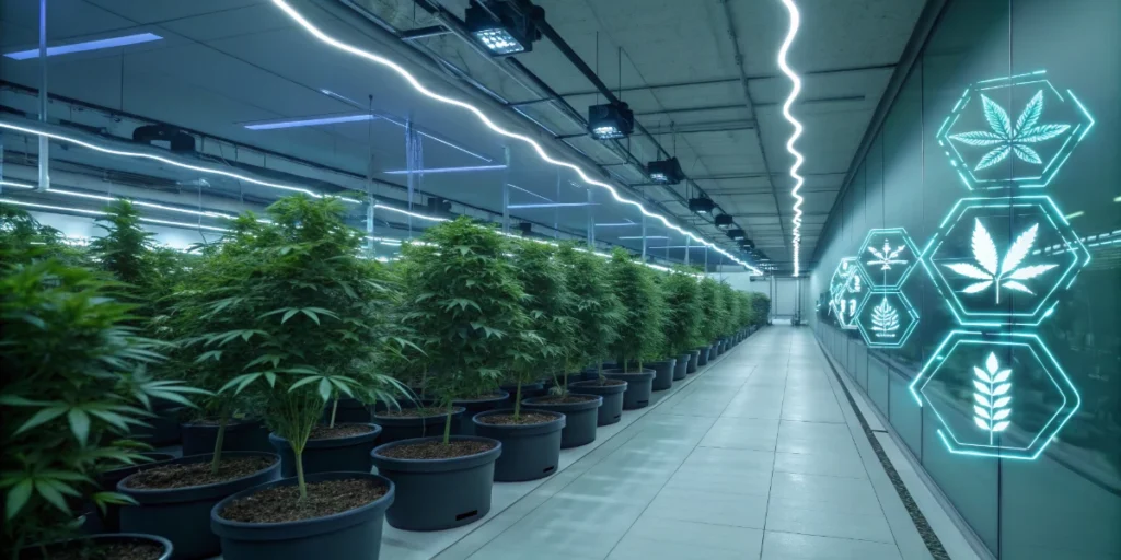 Laboratory workspace with cannabis leaves, buds, and testing equipment for genetic research