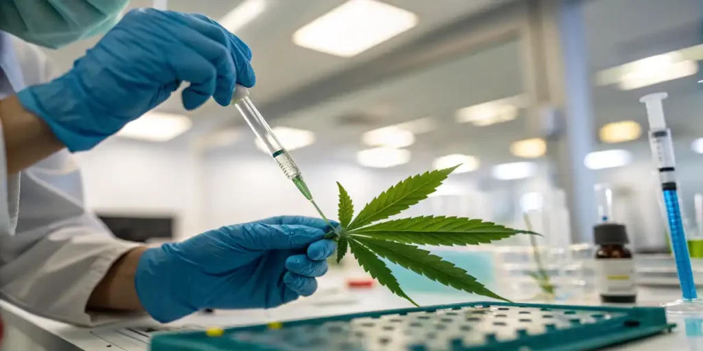 scientist injecting cannabis leaf genetic testing molecular analysis