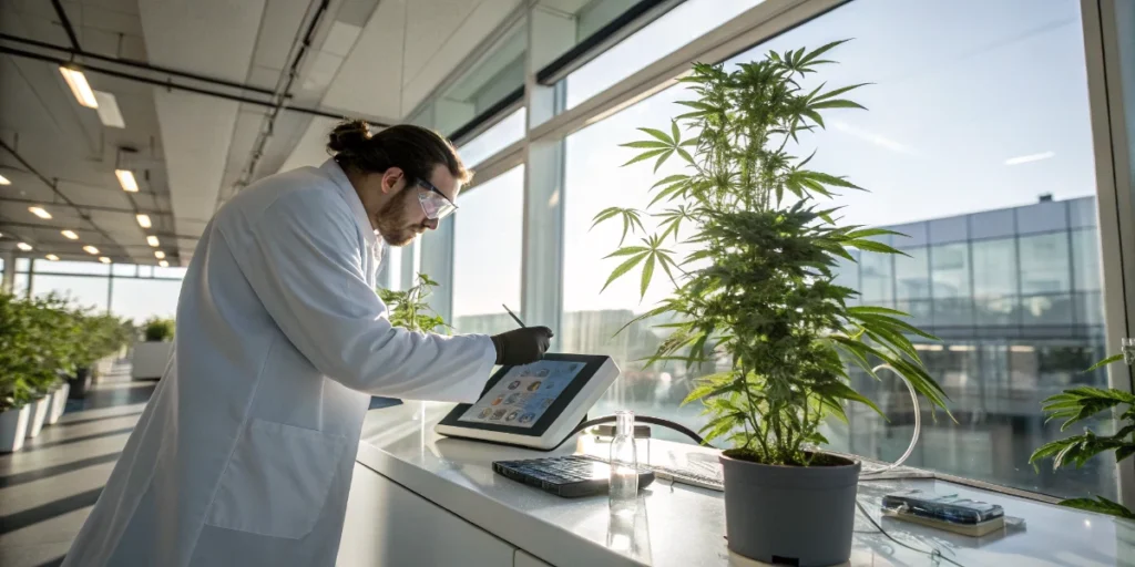 cannabis leaf under microscope in laboratory for genetic testing