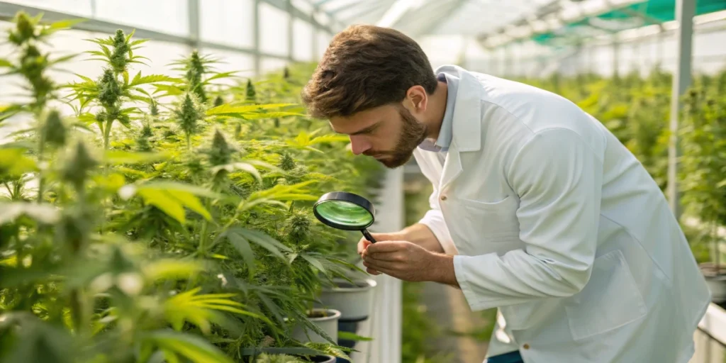 Scientist inspecting cannabis plants with magnifying glass in greenhouse