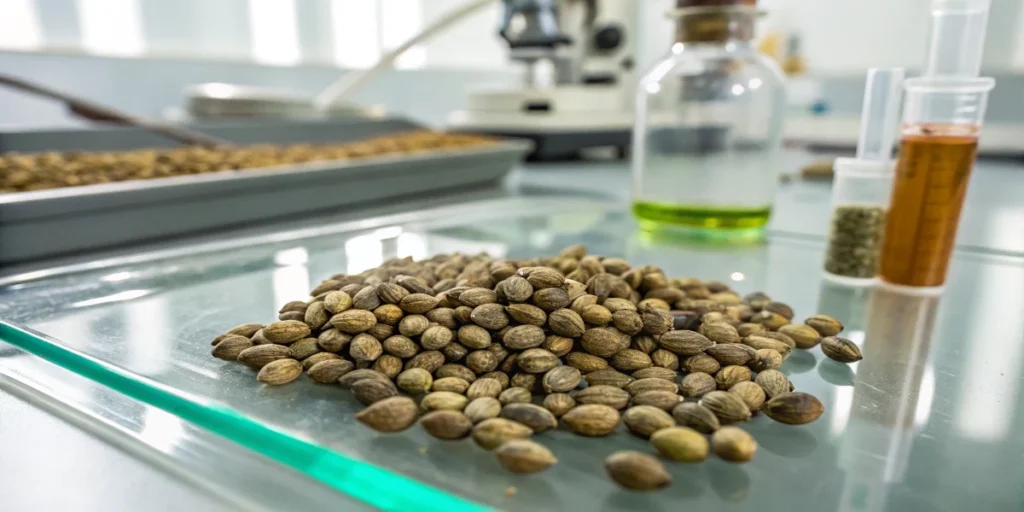 Cannabis bud and leaf on lab table with microscope for genetic testing
