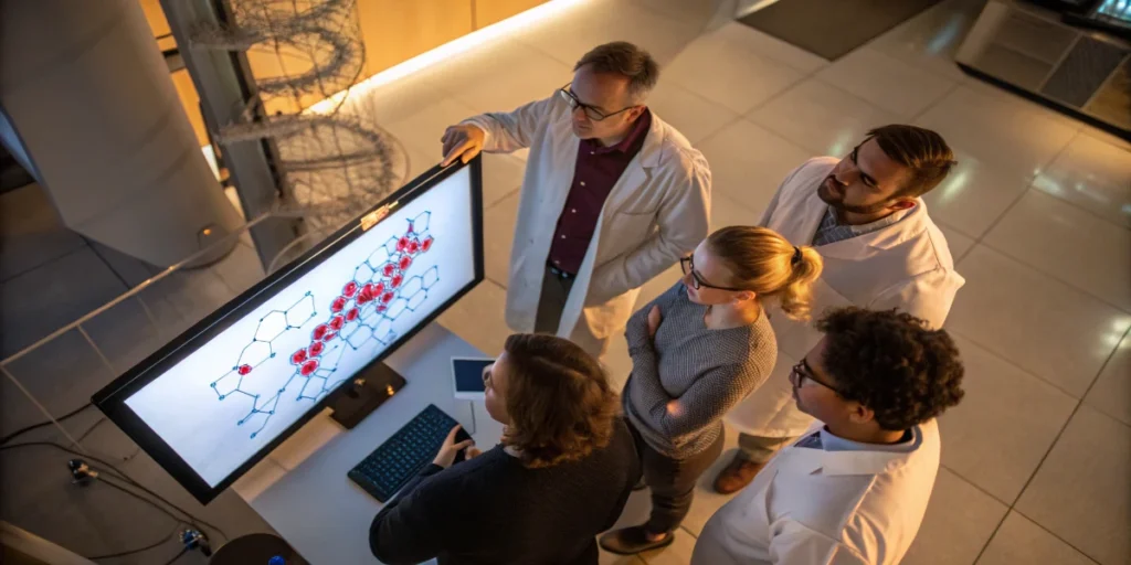 researchers reviewing molecular diagram for cannabis genetic comparison