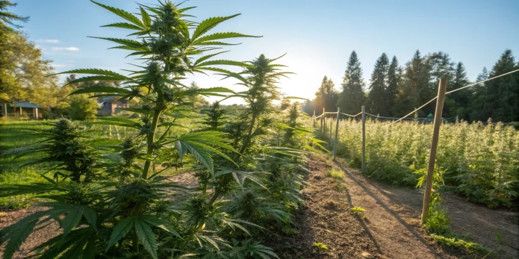 Rows of cannabis plants growing in organized outdoor farm