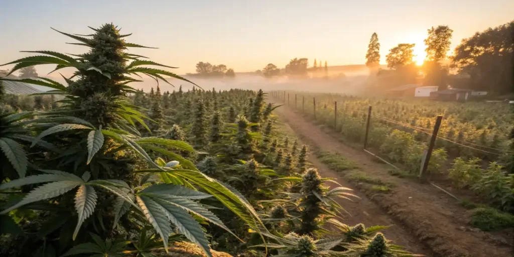 outdoor cannabis field showing different plant phenotypes at sunrise