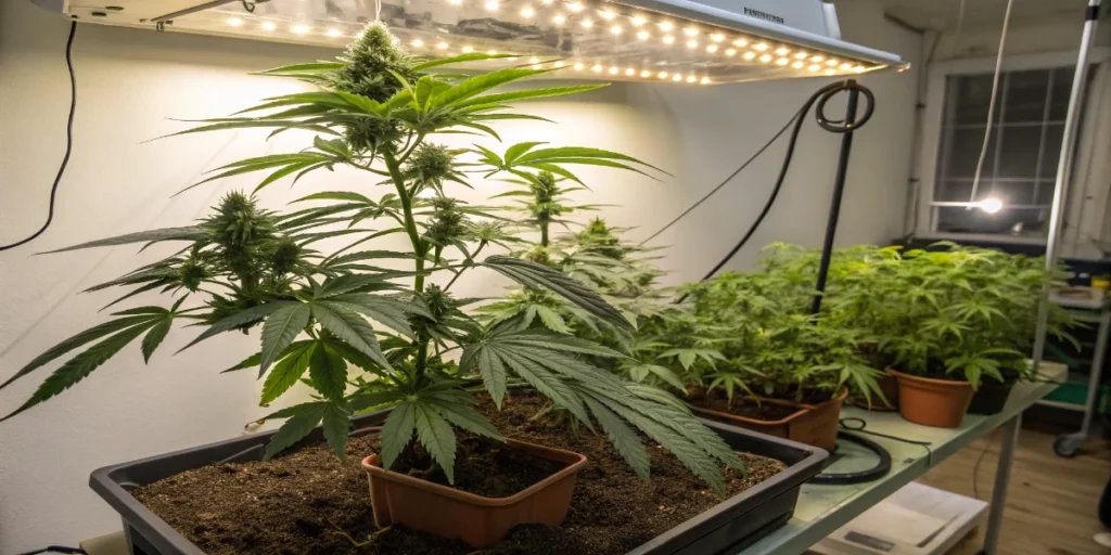 cannabis plants in pots under grow lights in small indoor setup