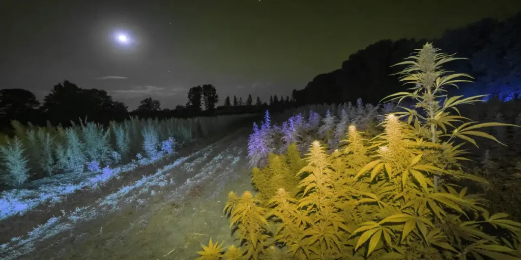 Indoor cannabis grow room with LED lights affecting temperature and brix levels