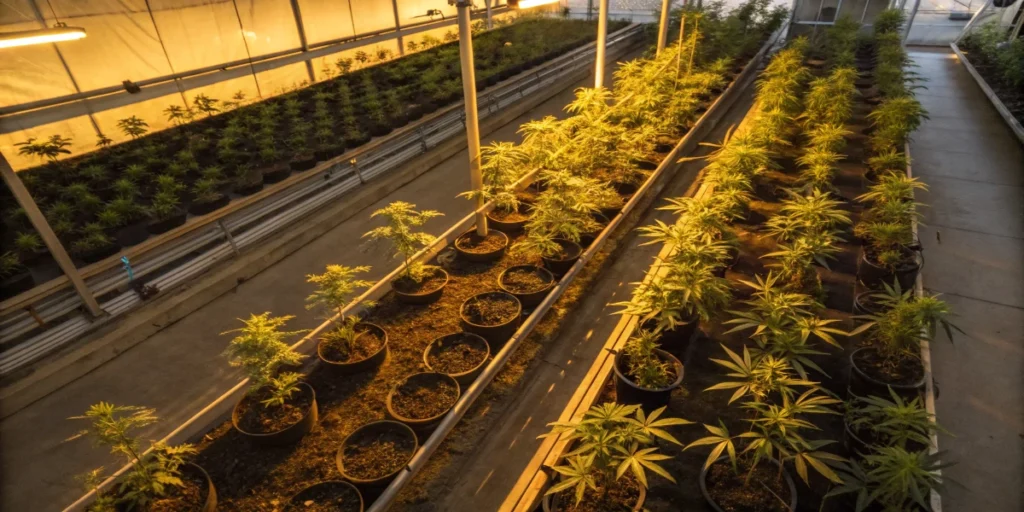 Indoor cannabis cultivation rows under controlled lighting conditions