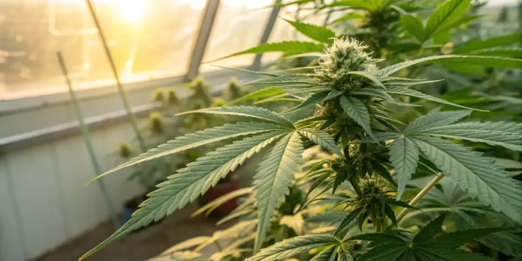 cannabis plant growing in greenhouse natural light monitoring