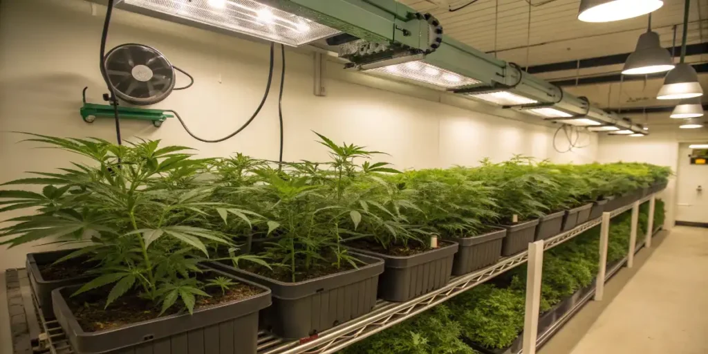 Indoor cannabis plants growing in rows under artificial lights showing variation