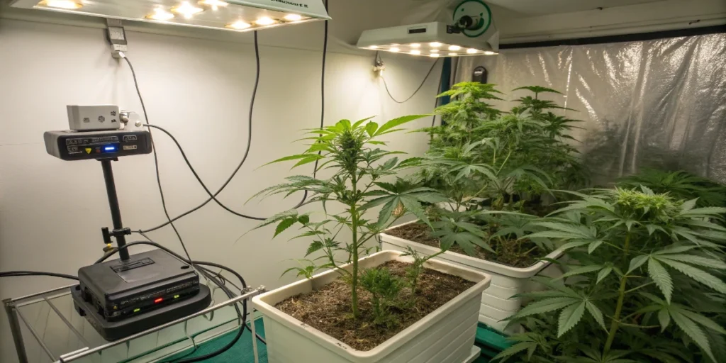Indoor cannabis grow room with equipment used for collecting plant samples