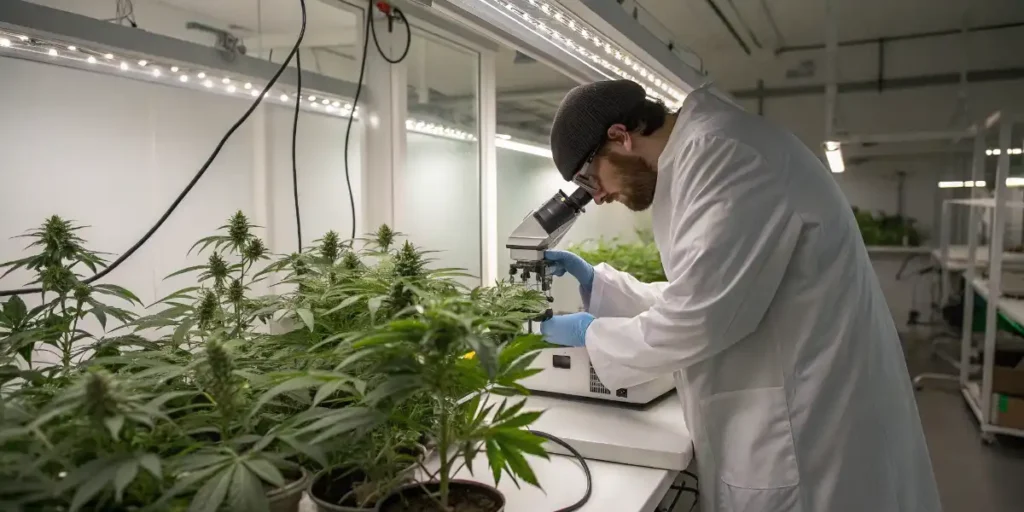 scientist analyzing cannabis samples microscope genetic markers identification
