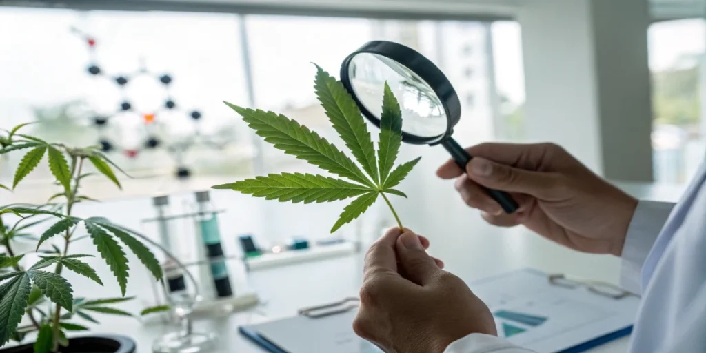 Scientist examining cannabis leaf with magnifying glass in laboratory