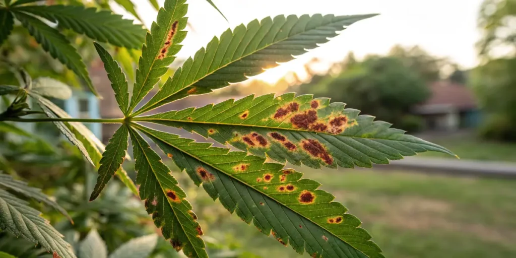 Cannabis leaf with brown spots showing signs of stress and possible nutrient deficiency.