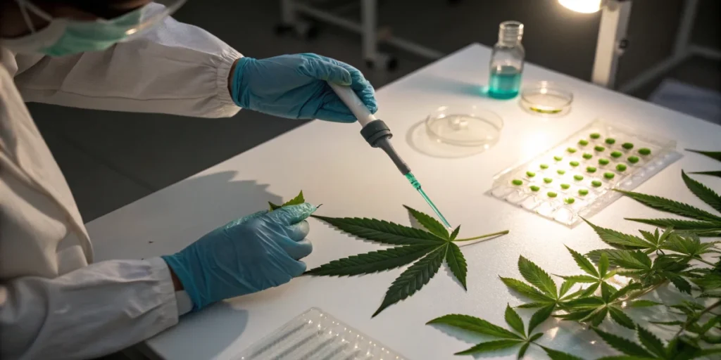cannabis leaf sample being tested with pipette in laboratory setting