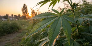 Healthy cannabis leaf outdoors during sunset with proper humidity conditions.